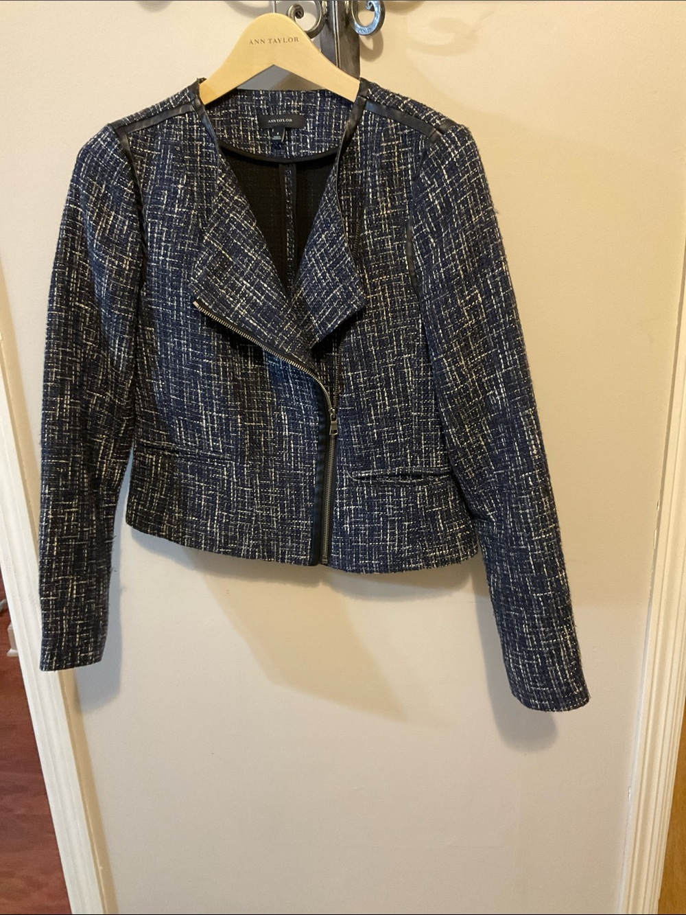 Ann Taylor Navy Tweed Asymmetrical Zip Blazer